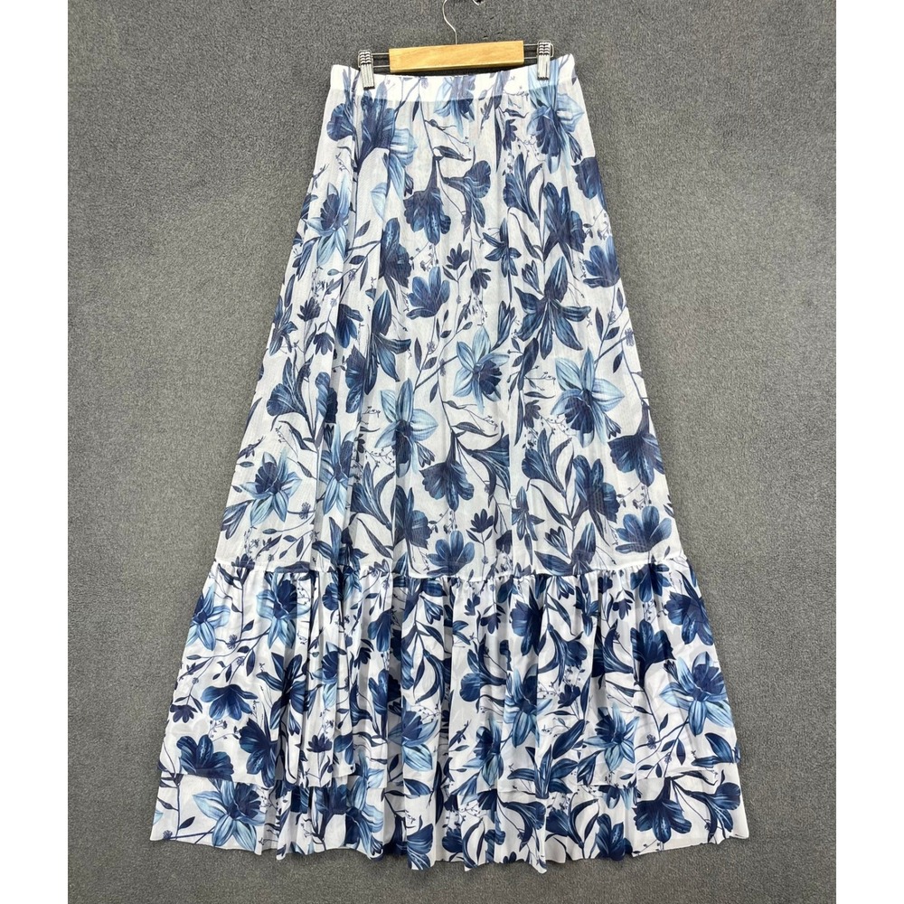 Maxi Skirt Women Small Floral Blue White Mesh Tiered Ruffle Summer Fairy boho